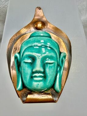 Vintage Elzac Artistic Copper and Ceramic Buddha Mask Brooch #40SB